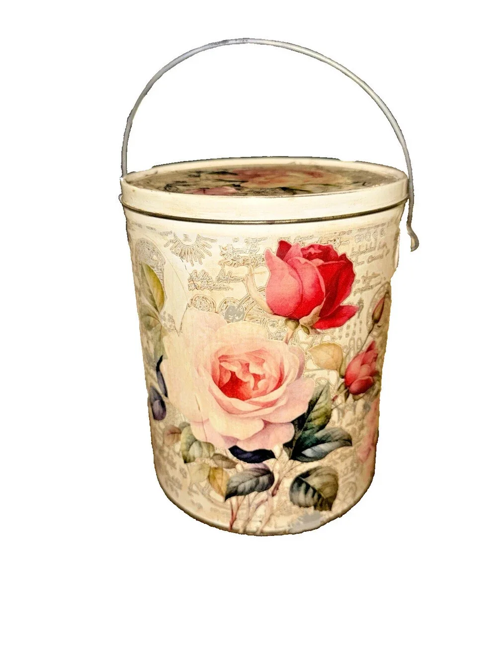 Vintage inspired decorative Pink Roses Tin Canister/Lid, shabby chic,cottagecore